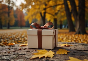 Wall Mural - gift box with a bow on a background of autumn, trees, yellow foliage