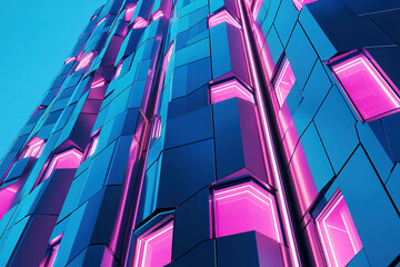 A modern, hexagonal skyscraper lit up with bright blue and pink LEDs.