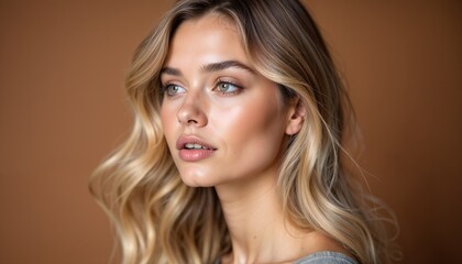 close-up portrait of a young woman with long, soft blonde hair and calm expression, set against a wa