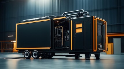 Wall Mural - Modern industrial machinery inside a warehouse setting, featuring a black and orange mobile unit with visible pipes and cables, showcasing technology and equipment.