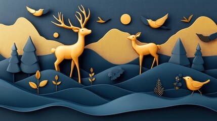 Wall Mural - Stylized image featuring golden deer and birds in a serene forest landscape with hills and trees under a yellow sun.