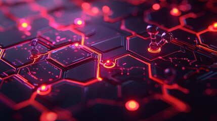 Wall Mural - a close-up view of a futuristic hexagonal pattern illuminated with vibrant red lights, showcasing an