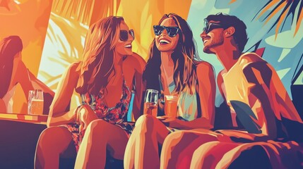 Sticker - A vibrant illustration of three friends enjoying drinks and laughter in a lively setting.