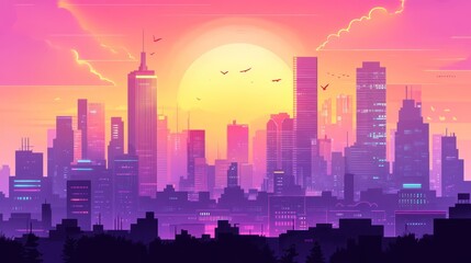 Canvas Print - A vibrant sunset over a futuristic city skyline, showcasing colorful buildings and atmosphere.