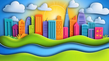 Canvas Print - A colorful paper-cut style cityscape with hills, water, and a bright sun.