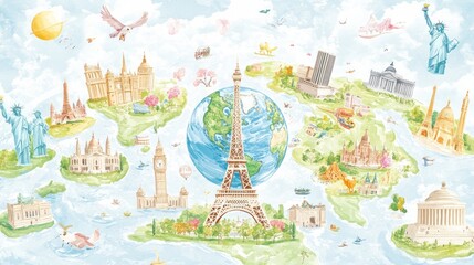 Poster - A colorful illustration featuring famous landmarks from around the world, centered on Earth.