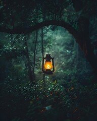 Sticker - Glowing Lantern Hanging in Mystical Forest Landscape at Night