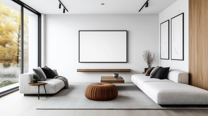 Sticker - Modern minimalist living room with large windows, white sofas, brown ottoman, wooden table, and abstract wall art in a neutral color palette.