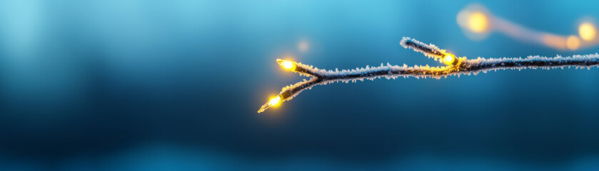 Frosty tree branch adorned with glowing LED lights, creating magical winter atmosphere. soft blue background enhances serene beauty of scene