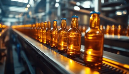 Bottles moving on conveyor belt in a beverage bottling line at a production facility