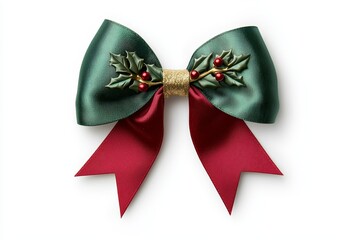 A festive Christmas bow with holly leaf detailing, red and green satin ribbon with gold trim, classic holiday design, isolated on white background