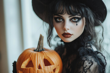 Canvas Print - mysterious person holding glowing pumpkin halloween night design generative ai