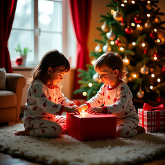 Happy Children in Pajamas Opening Presents in Front of Christmas Tree