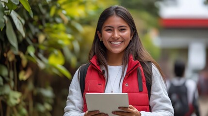 Woman, portrait and outdoor happiness at university, books for education or learning on campus. Female student, smile and notes for knowledge at college, academy scholarship for school