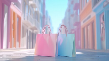 Colorful shopping bags on city street background, sale and discount concept banner design,promotion tag,Online shopping concept. Discount offer for sale,Shopping cart,black friday,copy space.