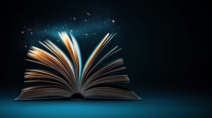 Poster - Open book with pages fanning out surrounded by a magical glow of stars and light on a dark background creating a sense of wonder and imagination.