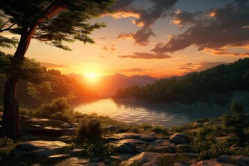 Wall Mural - Sunset landscape wilderness sunlight.