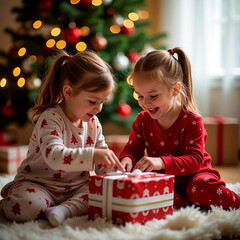 Happy Children in Pajamas Opening Presents in Front of Christmas Tree