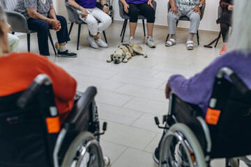 A group of residents at a care facility enjoying time together with a friendly dog in a supportive environment.