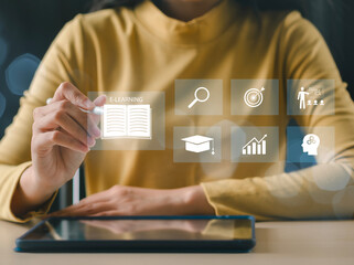 Women use online education training and e-learning webinars on the Internet for personal development and professional qualifications. Concept of online education.