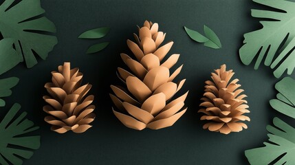 Poster - Three paper-crafted pine cones with green leaves on a dark green background, surrounded by large stylized green leaf cutouts.