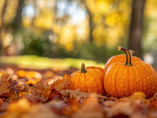 Sticker - autumn pumpkins on fallen leaves outdoor scene