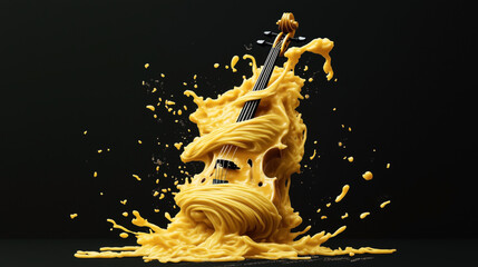 Poster - Creative concept of a violin covered with melted cheese and pasta strands against a dark background, combining musical elements with food items in a unique composition.