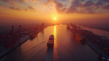 A captivating sunset casting golden light over an industrial sea port filled with shipping containers.