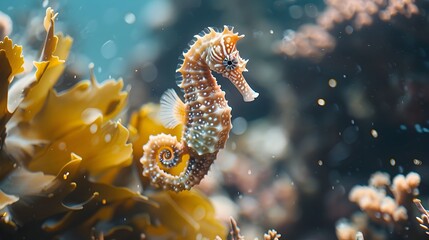 Poster - Captivating Seahorse Clinging to Vibrant Coral in Tranquil Ocean Scene