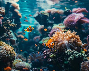 Poster - Vibrant Coral Garden with Diverse Marine Life and Clownfish in Sea Anemone