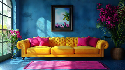 Poster - Vibrant living room with colorful sofa and artistic decor.