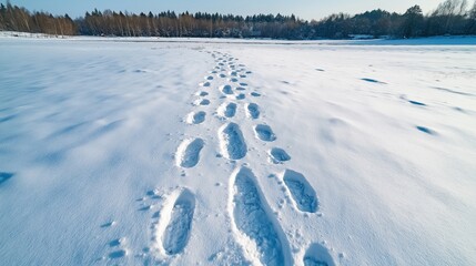 Canvas Print - Fresh footprints in deep snow leading towards a forested area under a clear blue sky, capturing the tranquility and pristine condition of a winter landscape.