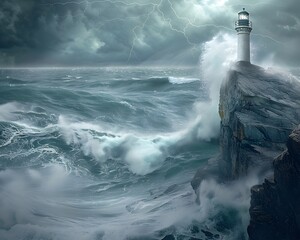 Poster - Dramatic Seascape with Lighthouse on Rocky Cliff Overlooking Turbulent Ocean