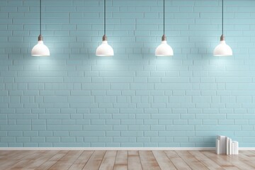 Wall Mural - Blue brick wall floor lamp architecture.  Image by rawpixel.