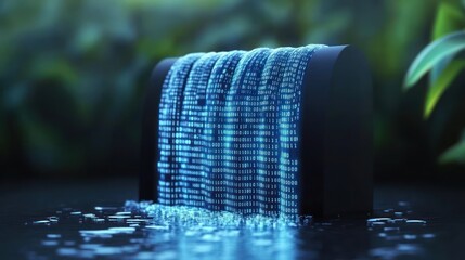Aufkleber - Digital waterfall displaying flowing binary code in serene nature