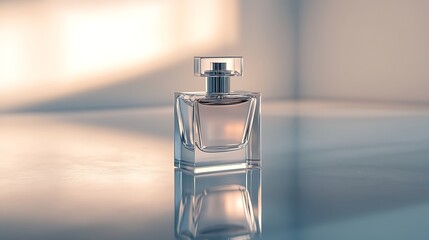 An elegant perfume bottle with transparent glass and a shimmering liquid inside, sitting gracefully on a reflective white surface, highlighting luxury and fragrance 