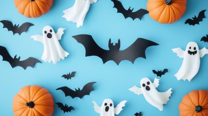 Canvas Print - Halloween party decorations with bats ghosts and pumpkins on a blue background