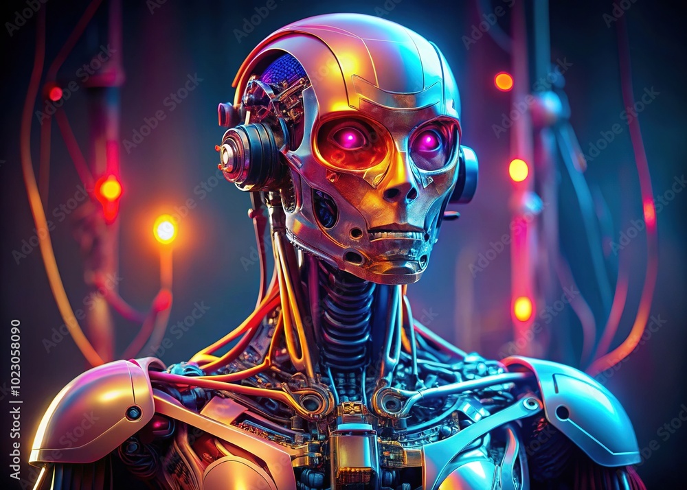Advace Human An advanced robot displaying a lifelike human face and skeletal arm ...