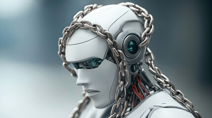 Wall Mural - close-up of a futuristic robot with a human-like face, adorned with metallic chains. the robot has e