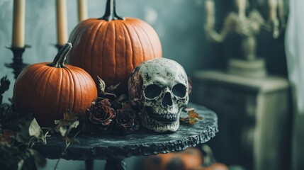 Wall Mural - halloween themed stock image featuring spooky pumpkins and skull on a table