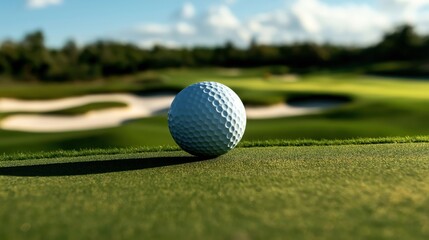 Canvas Print - Close-up of a golf ball resting on a well-manicured green under a clear blue sky with trees and sand bunkers in the blurred background.