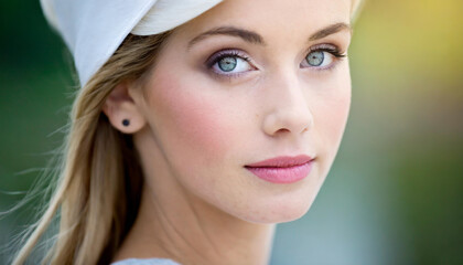 Young woman with striking blue eyes and soft features, wearing a light hat, posed outdoors in soft lighting during early evening