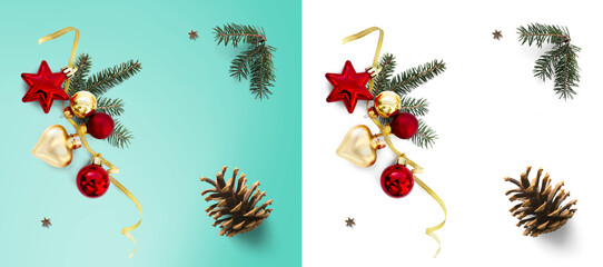 Wall Mural - art christmas tree branch and pine cone and christmas decoration. holidays design element isolated o