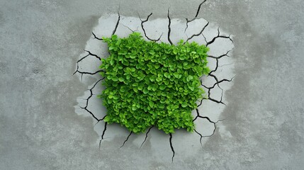 Wall Mural - Square patch of green leaves growing through cracked concrete surface representing nature overcoming urban environments and resilience concept.