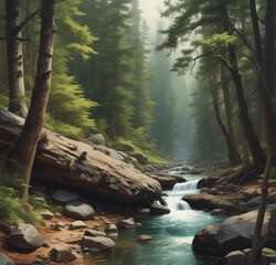 Realistic illustration of rocky small creack with cascade in wild forest.