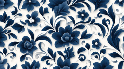 Poster - Seamless floral pattern with dark blue flowers and leaves on a white background. The design features intricate, detailed blooms and foliage with a paper-cut effect.