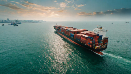 A cargo ship navigates through calm waters at sunset, showcasing vibrant container colors near a bustling port city