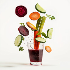 Fresh vegetable juice concept with flying slices of beetroot, cucumber, carrot, and celery. A glass filled with dark red juice sits below, capturing the splash as vegetables fall in. Healthy drink, de