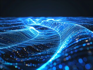 Sticker - flowing electric current through a digital landscape symbolizing data and information flow