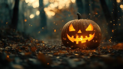 Sticker - Halloween themed jack o lantern in autumn forest with dark moody atmosphere